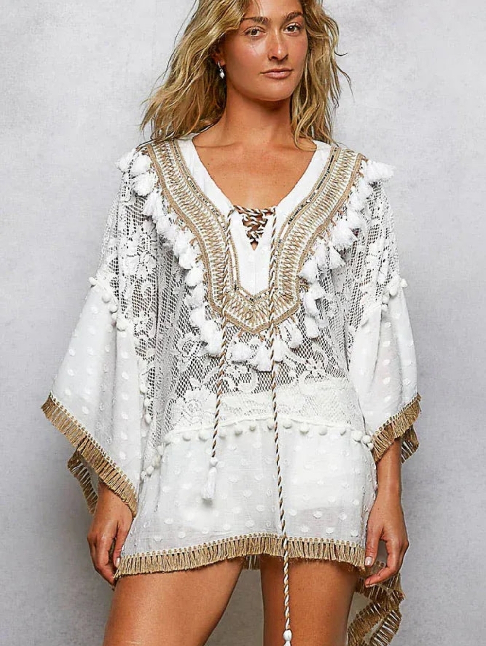POL White Lace Boho Tassel V-Neck Blouse with Tan Trim